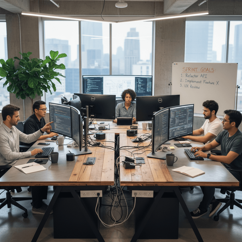 Software development team working together